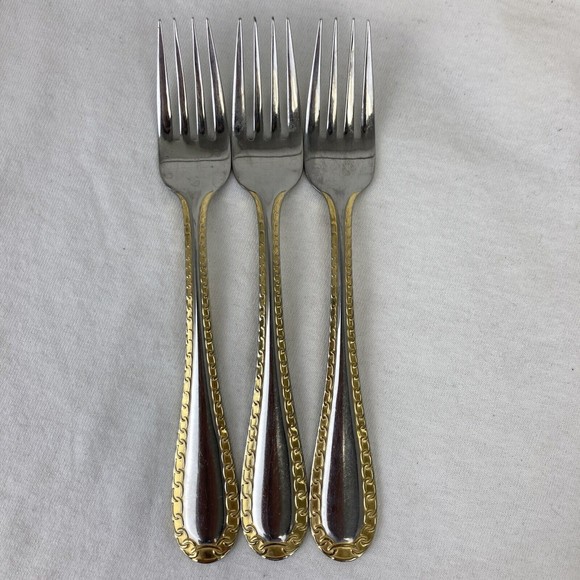 3 Retroneu GOLD ACCENT Chain 7” 18/8 Korea Stainless Dessert￼ Fork Good Quality - Picture 1 of 10